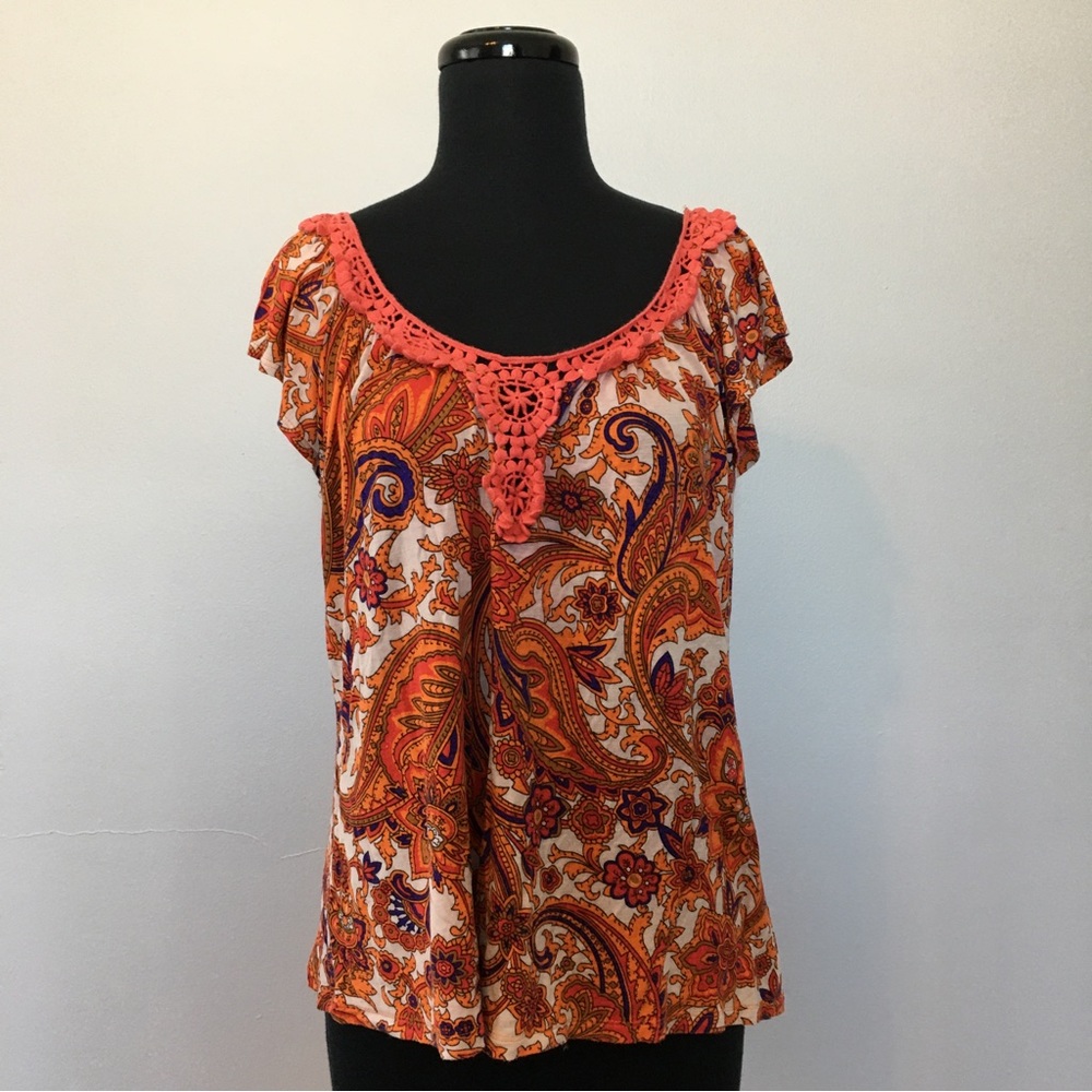 Lush Boho Crochet Neckline Retro Top, L
